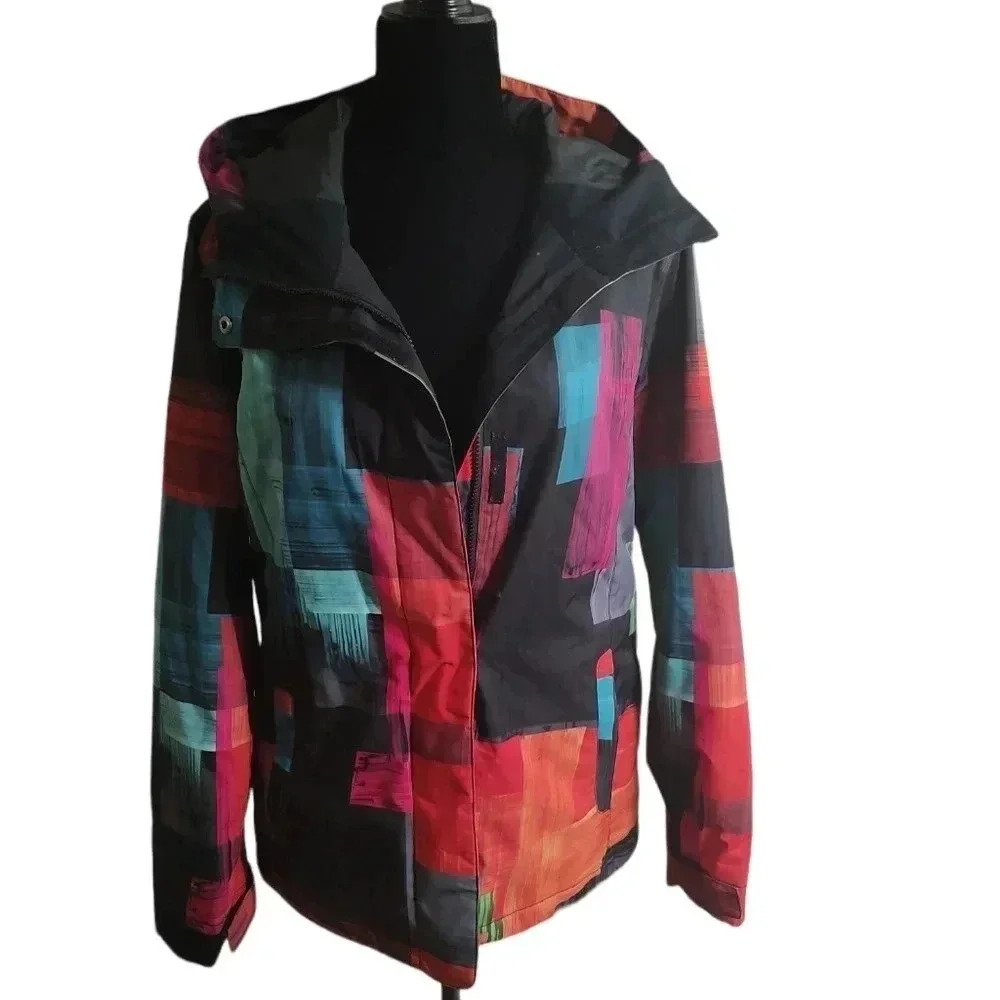 Roxy Multicolor Block Print Ski Jacket - Black with Red, Pink, Blue Accents